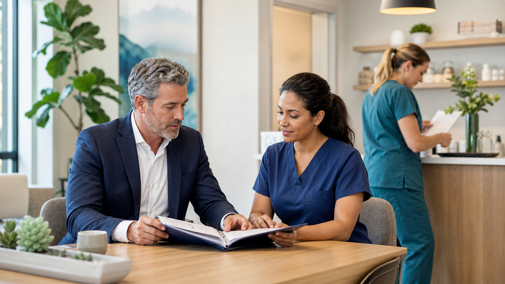 Practice owner and clinician reviewing a coordinated care program in a specialty clinic
