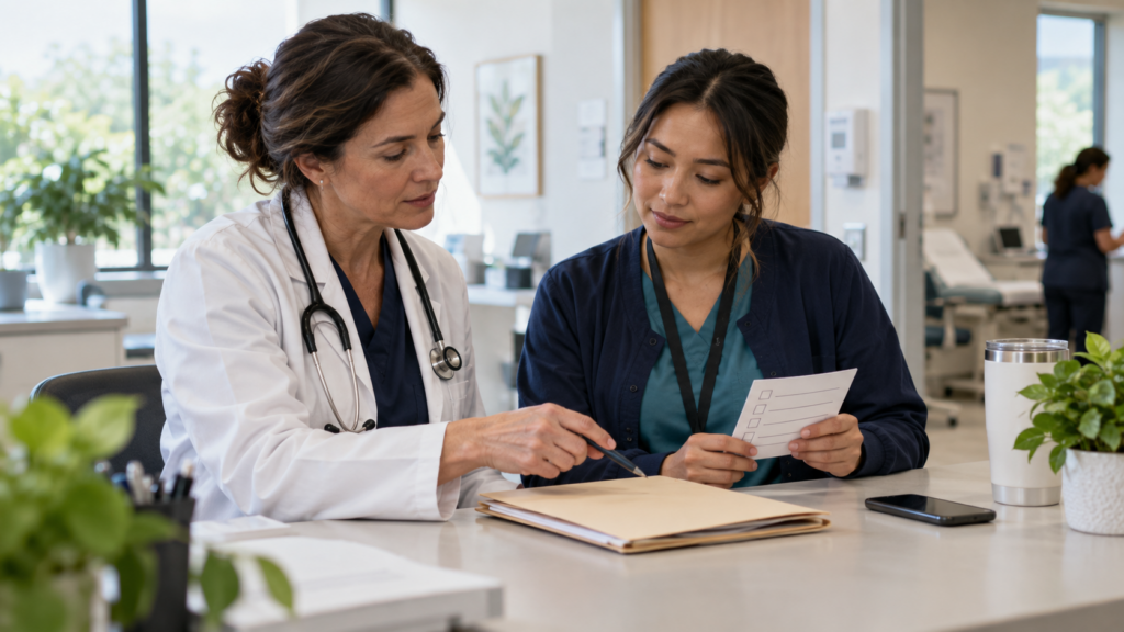 Clinician and practice coordinator reviewing a post-visit follow-up checklist together