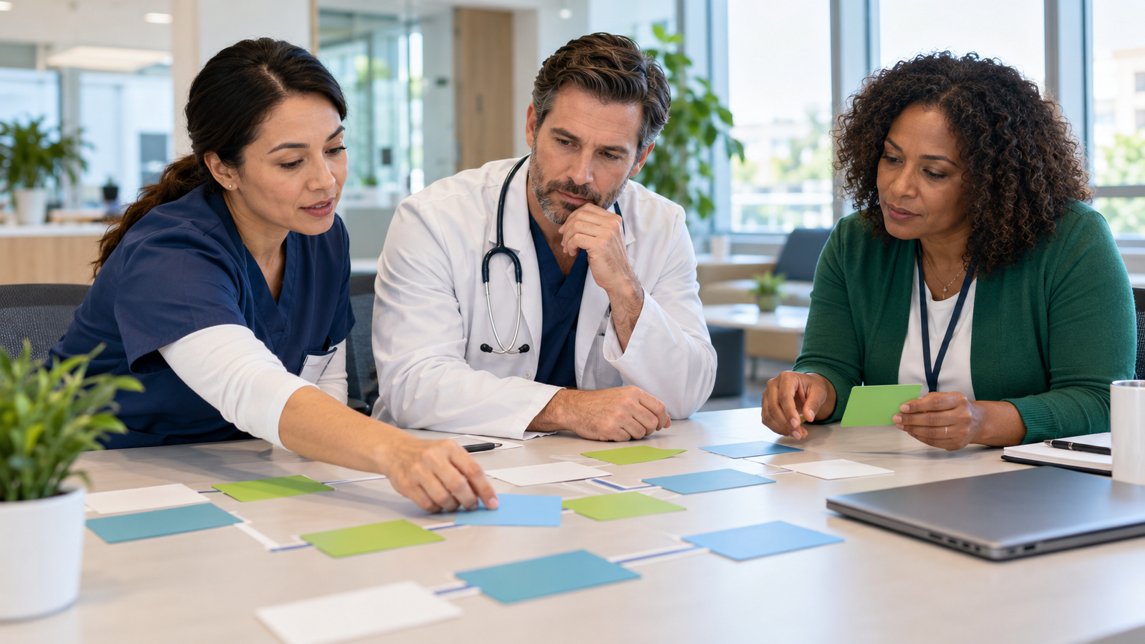 Specialty-practice team arranging flexible workflow steps around a table