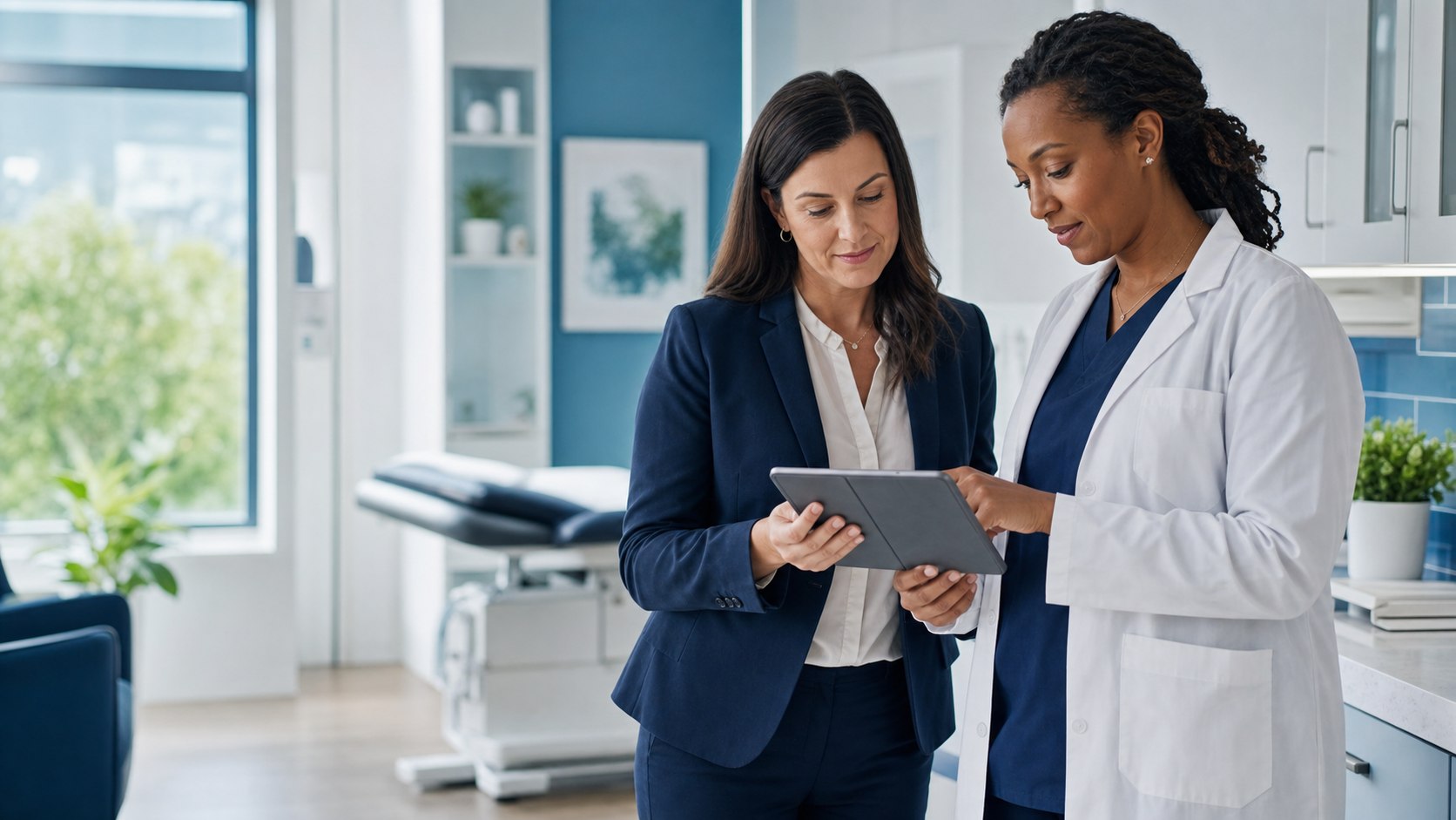 A clinician and practice operations leader reviewing a connected EHR workflow on a tablet