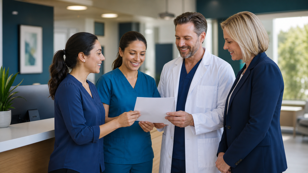 Cross-functional medical practice team preparing to execute a shared workflow
