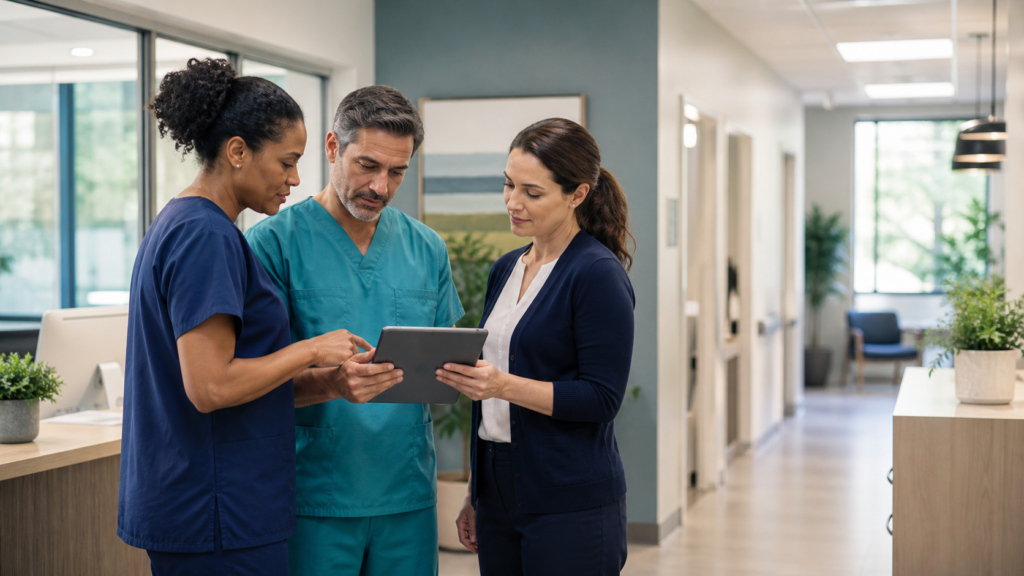 Specialty-practice clinical and operations team reviewing a connected workflow on a tablet