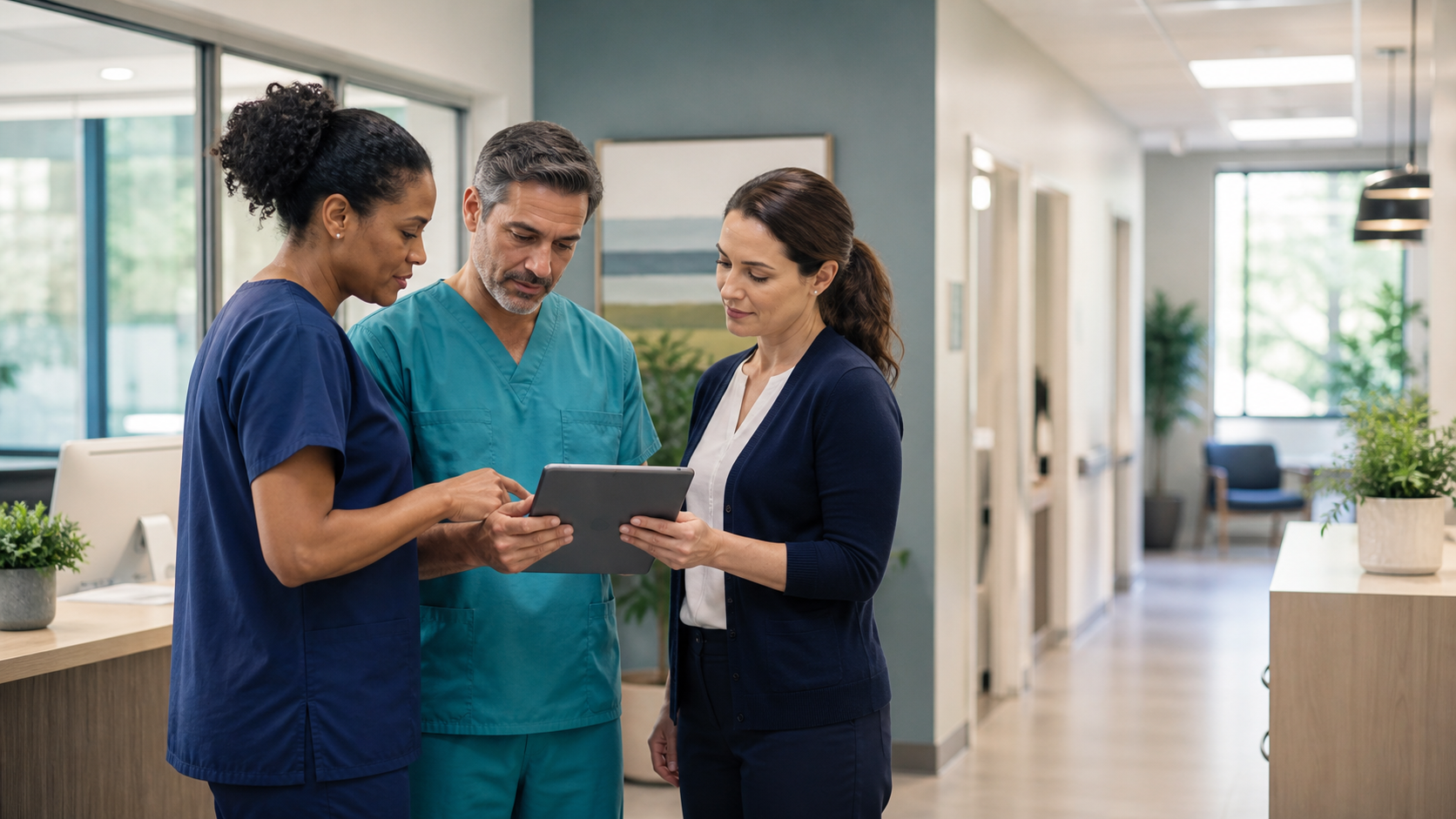 Specialty-practice clinical and operations team reviewing a connected workflow on a tablet