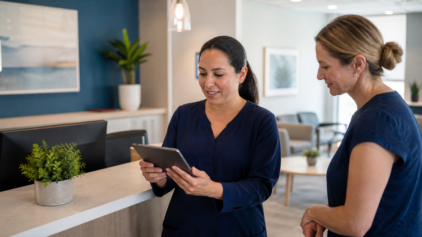 Specialty-practice team testing a digital intake workflow on a tablet in a clinic reception area