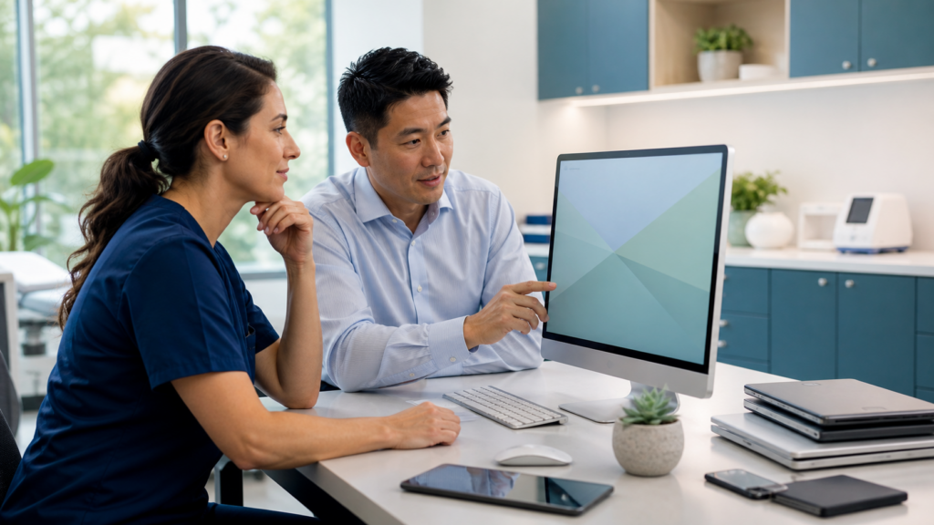 Two specialty-practice professionals reviewing a consolidated technology workspace