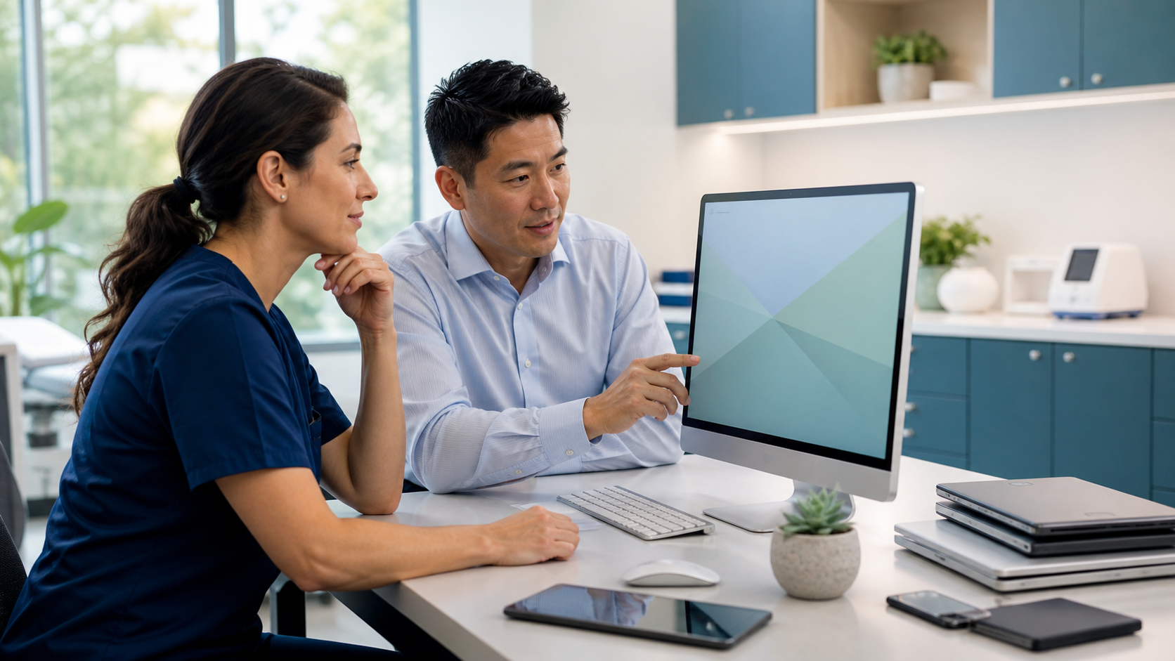 Two specialty-practice professionals reviewing a consolidated technology workspace