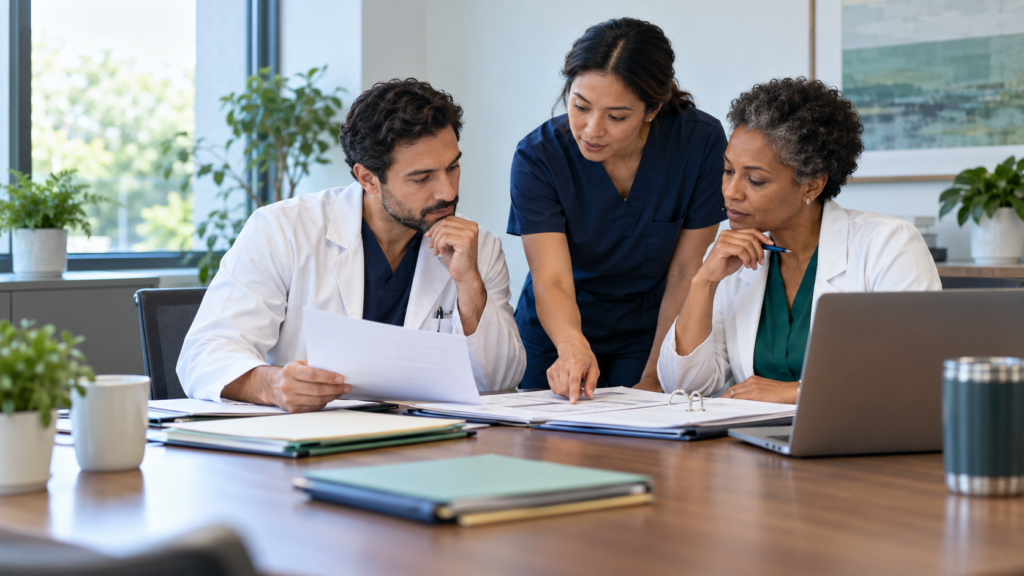 Specialty-practice team reviewing a structured plan for an EHR data migration