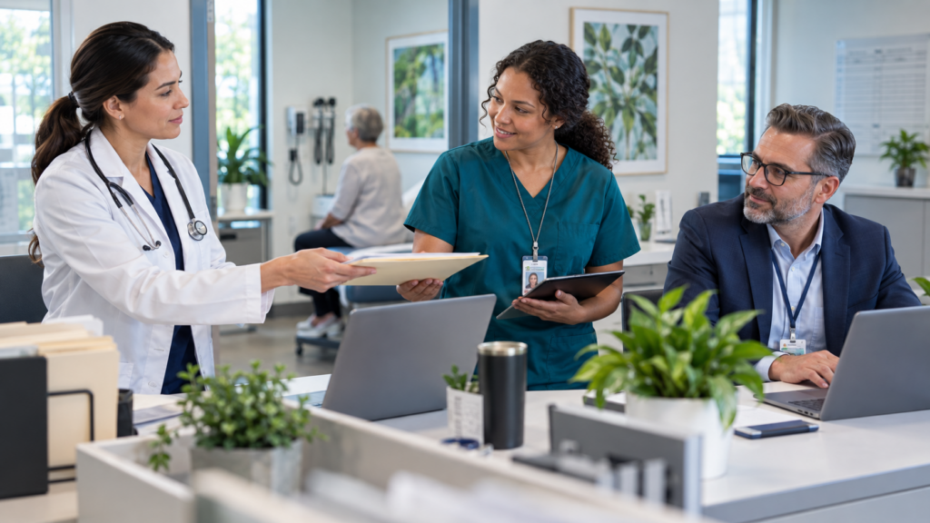 Clinician, coordinator, and operations leader completing a connected specialty practice handoff