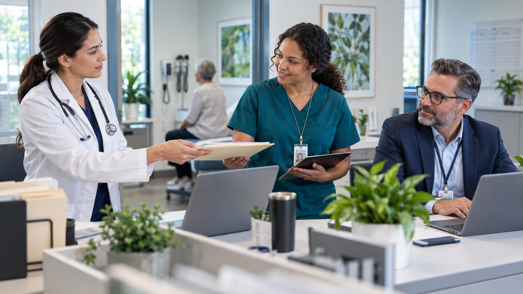 Clinician, coordinator, and operations leader completing a connected specialty practice handoff