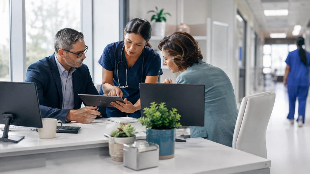 Specialty-practice leaders reviewing how connected healthcare systems exchange information