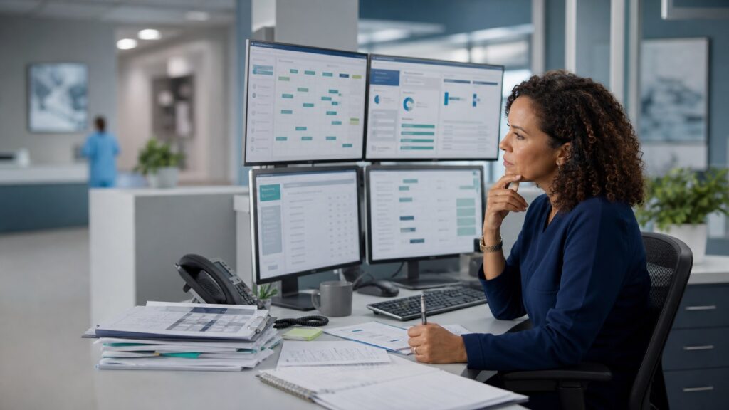 A specialty-practice administrator working across multiple disconnected software screens and paper checklists