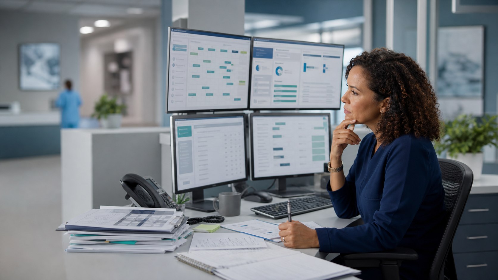 A specialty-practice administrator working across multiple disconnected software screens and paper checklists