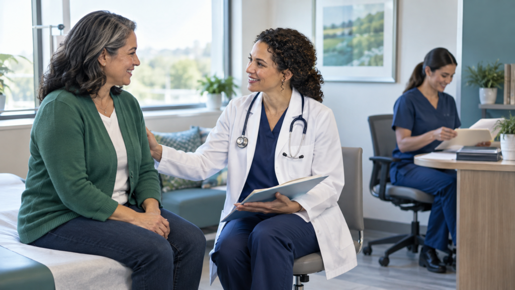 Clinician concluding a specialty care visit while a coordinator prepares follow-up