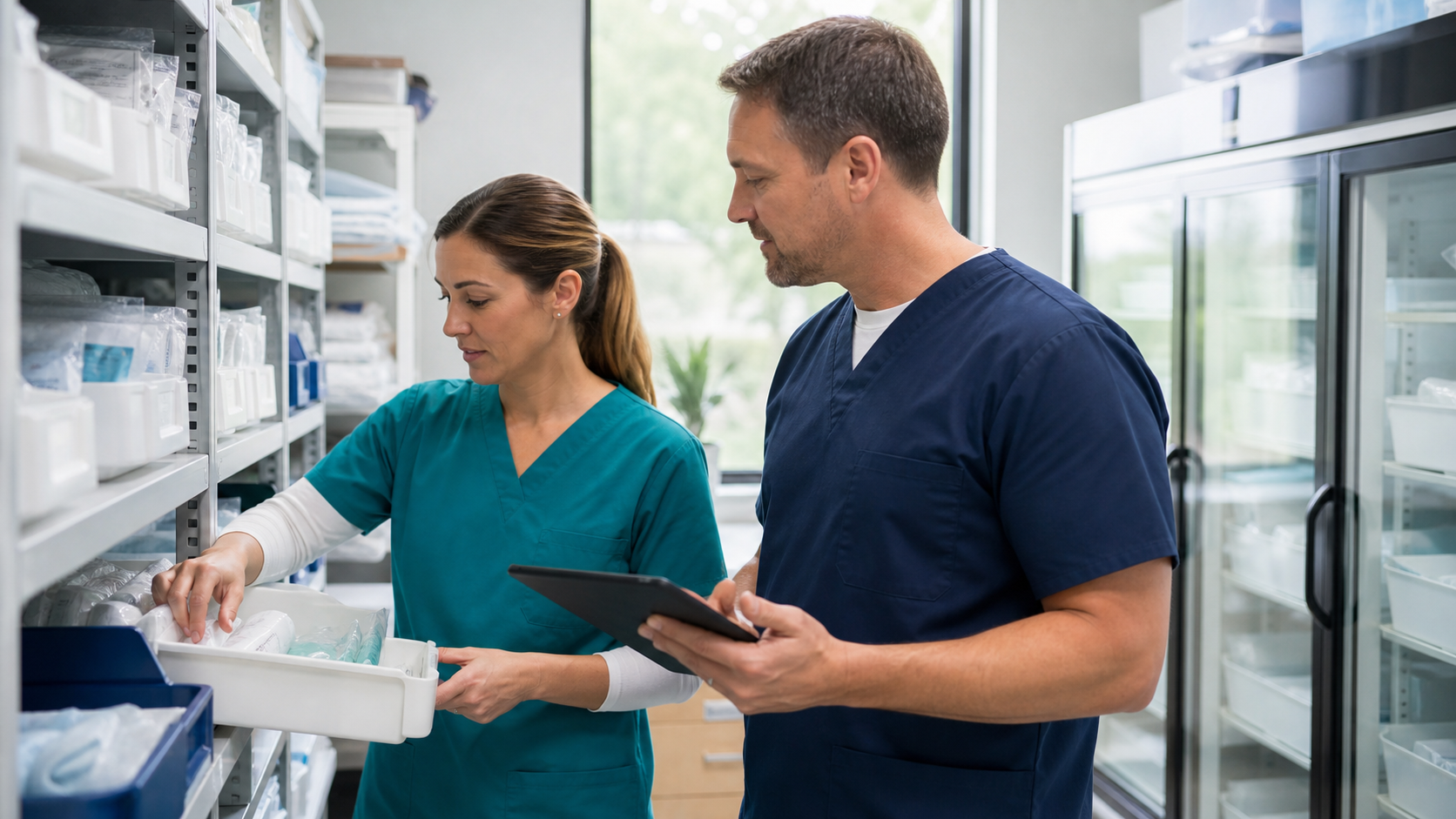 Two specialty-practice professionals coordinating clinical inventory in an organized supply room