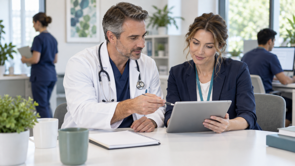 Clinician and practice coordinator coordinating multi-service specialty care at a shared workspace