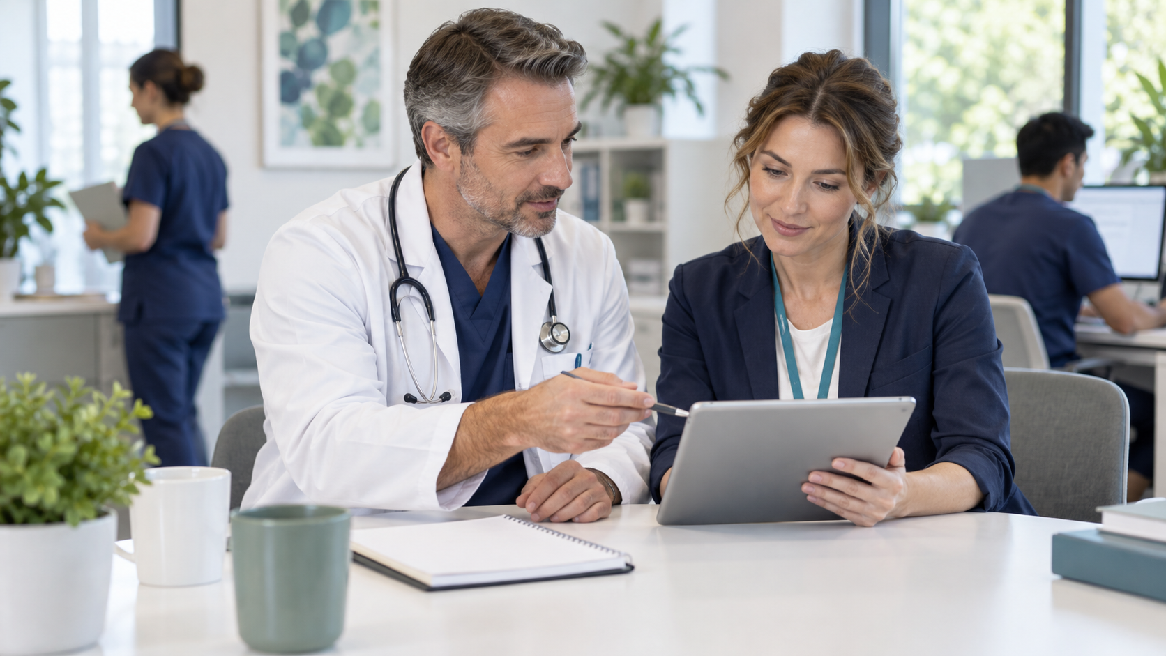 Clinician and practice coordinator coordinating multi-service specialty care at a shared workspace