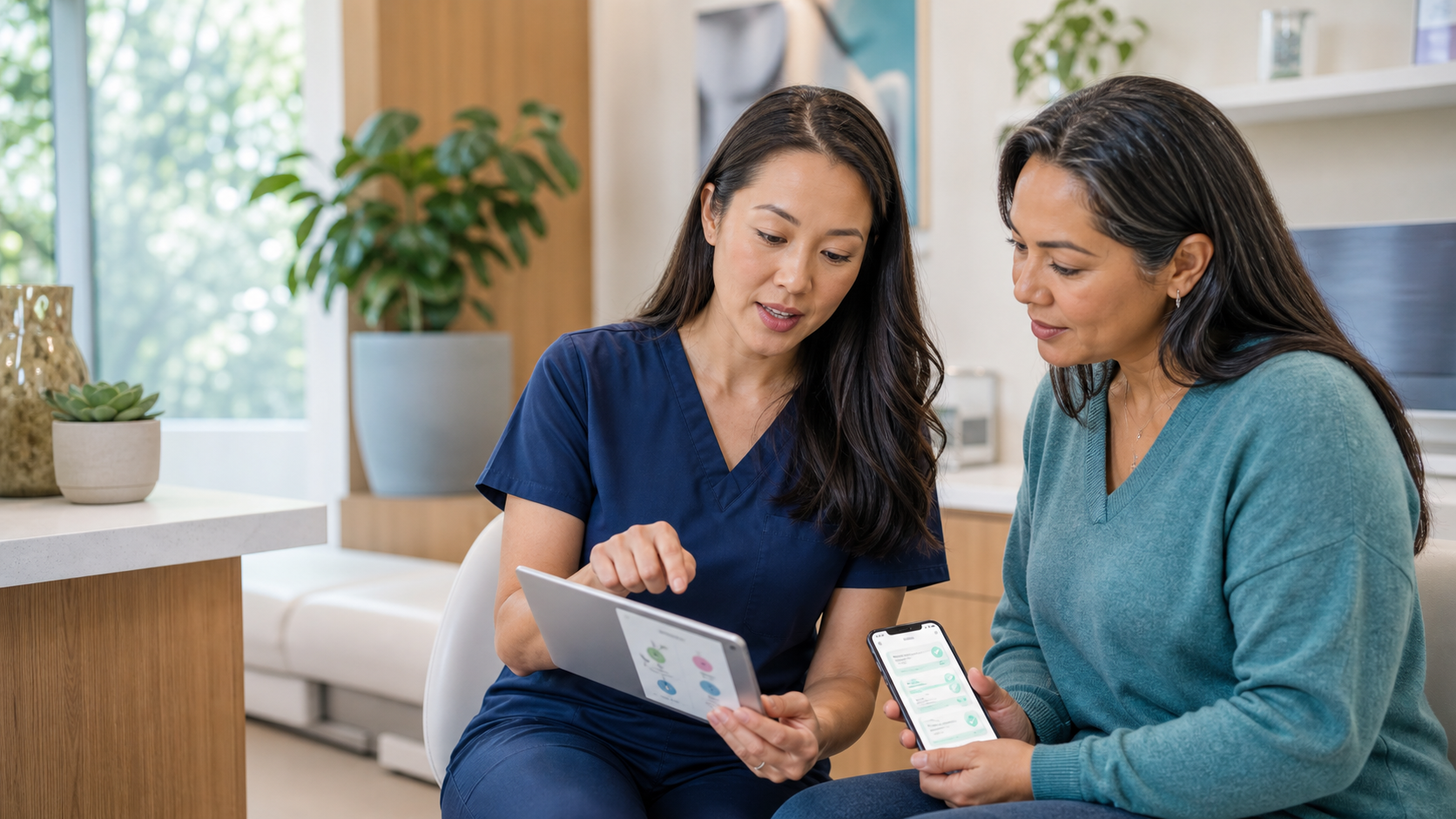 A clinician and patient reviewing digital education and follow-up steps between visits