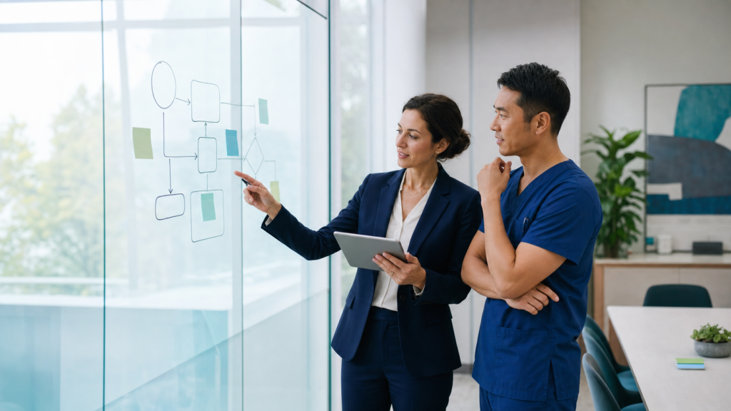 A clinician and practice operations leader mapping a patient journey before selecting a new EHR