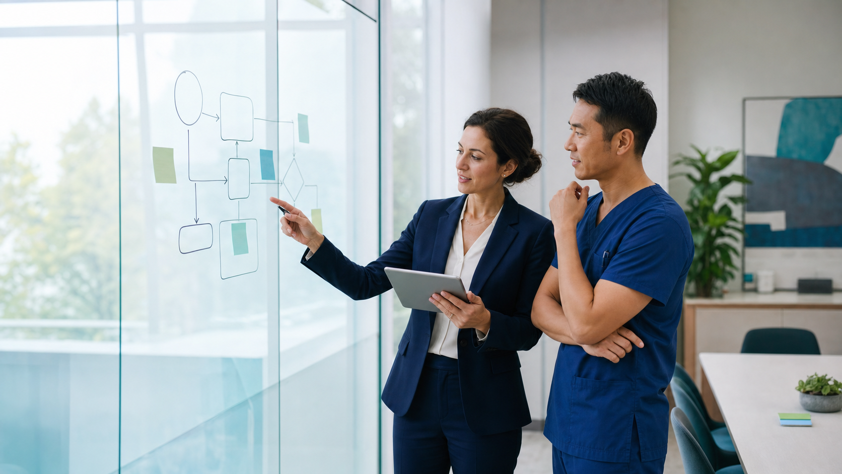 A clinician and practice operations leader mapping a patient journey before selecting a new EHR