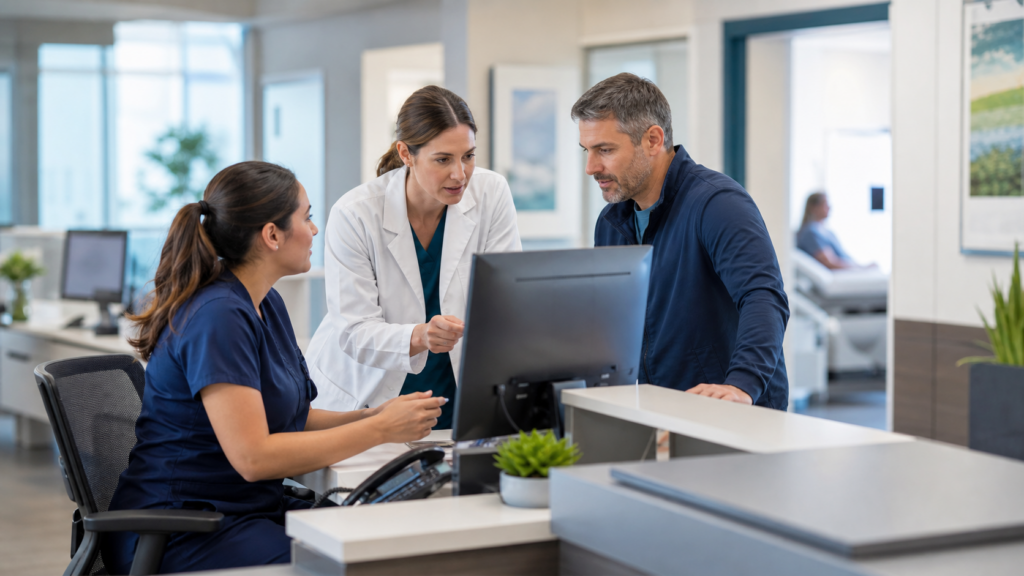 Specialty-practice team coordinating patient-linked work at a shared workstation