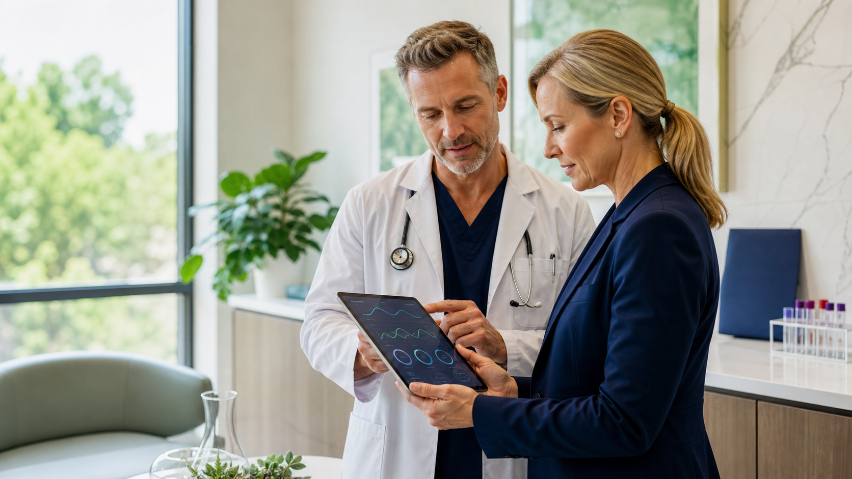 Clinician and practice leader reviewing biological-age biomarker trends in a longevity clinic