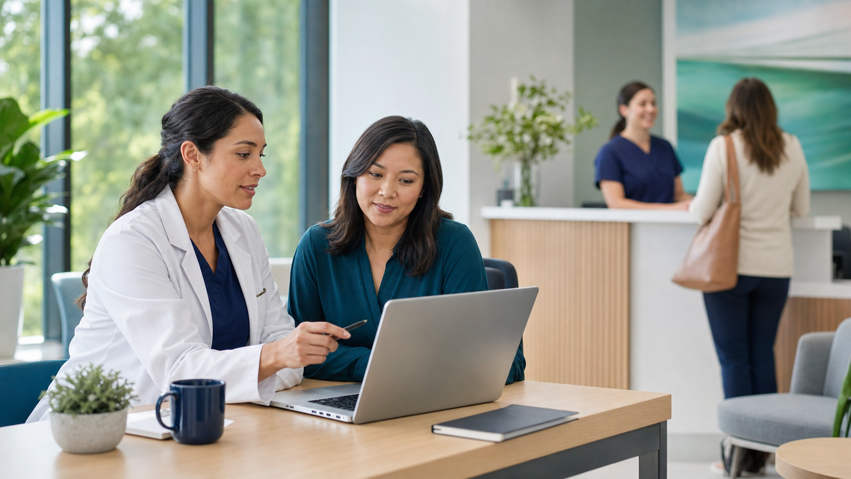 Clinician and practice operations professional collaborating while staff welcome a patient