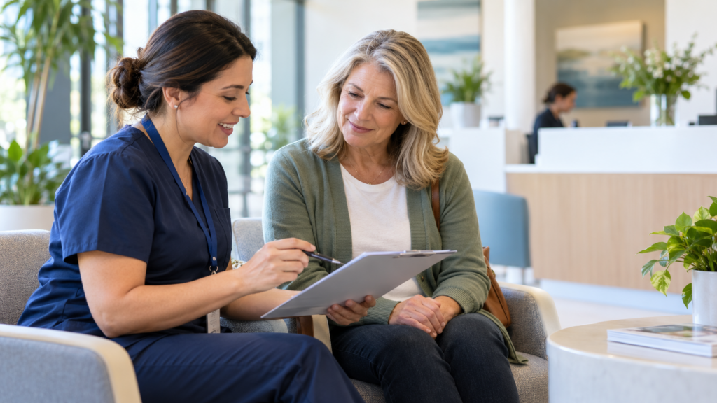 Specialty-practice coordinator helping a patient prepare for an upcoming appointment