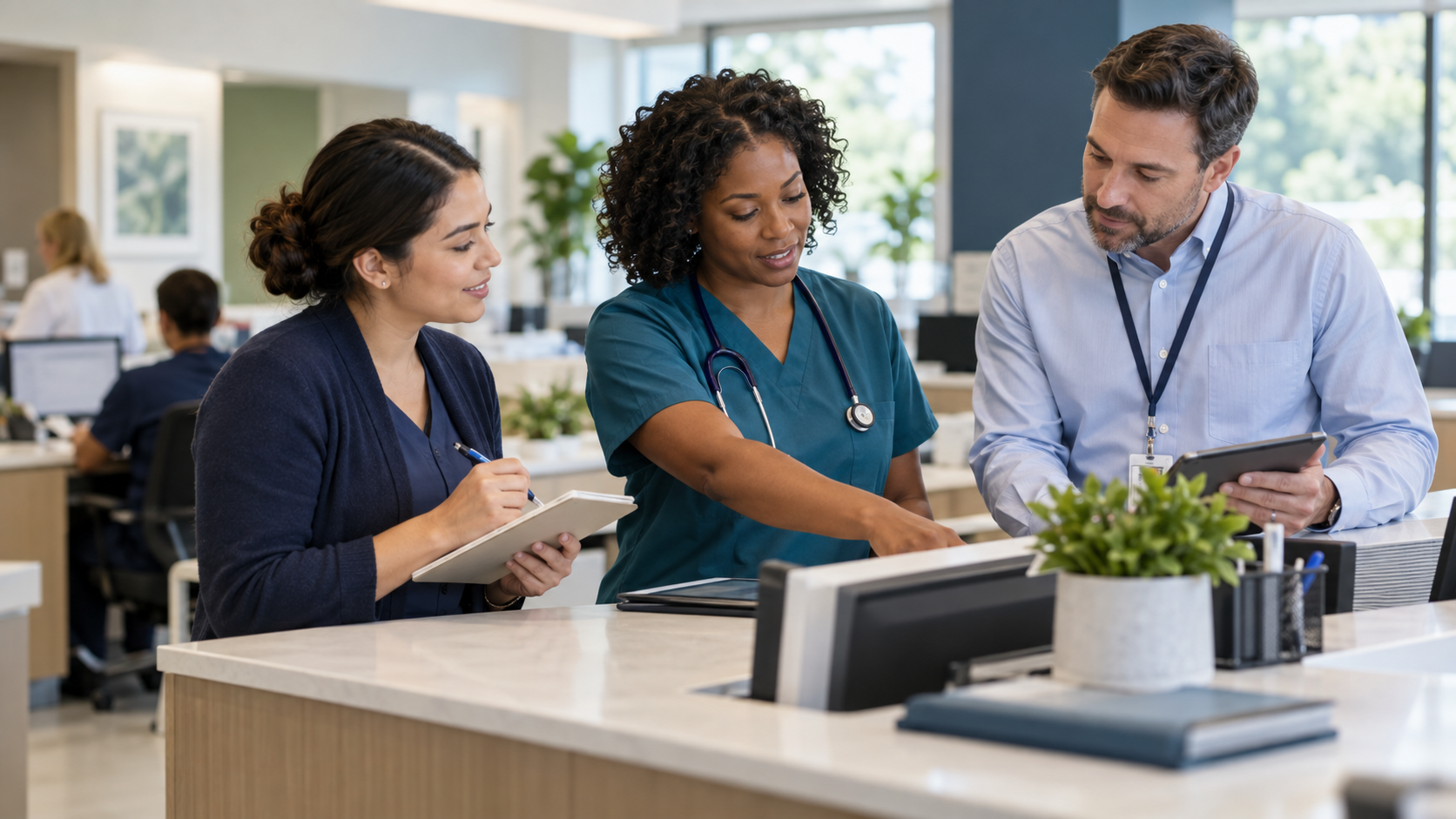 Specialty-practice team assigning role-based ownership during a morning operations huddle