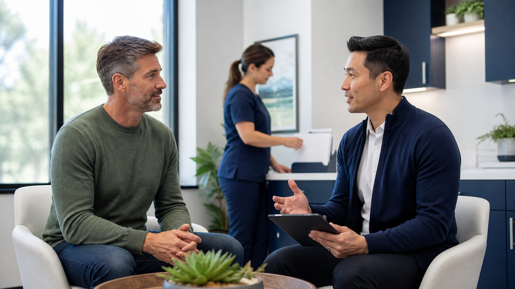 Clinician discusses a coordinated TRT care program with a midlife patient while a staff member organizes follow-up materials.
