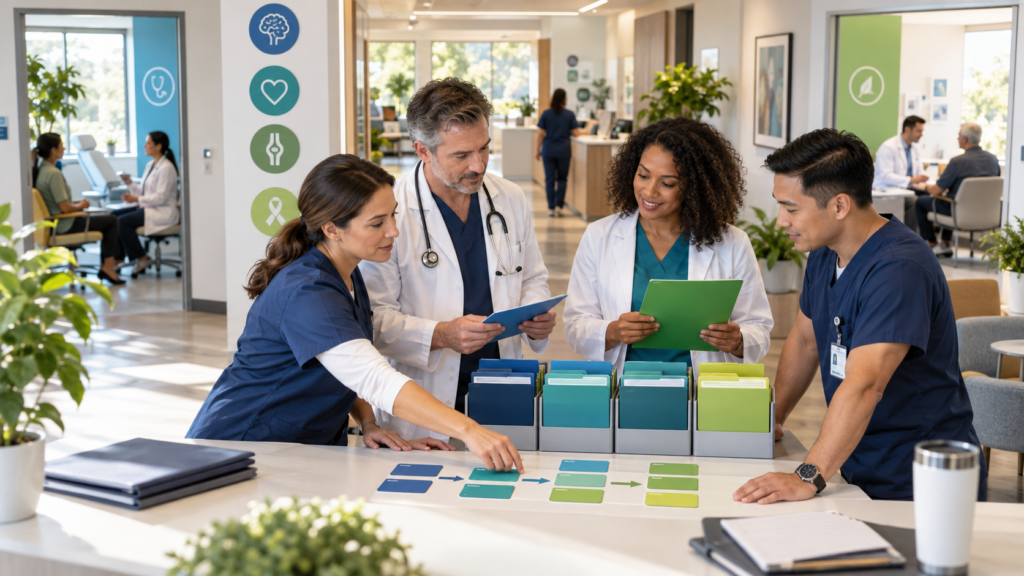 Interdisciplinary specialty practice team arranging shared and service-specific workflow paths