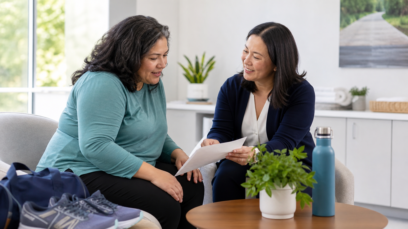 Care coordinator reviewing a sustained lifestyle-support plan with a weight-management patient